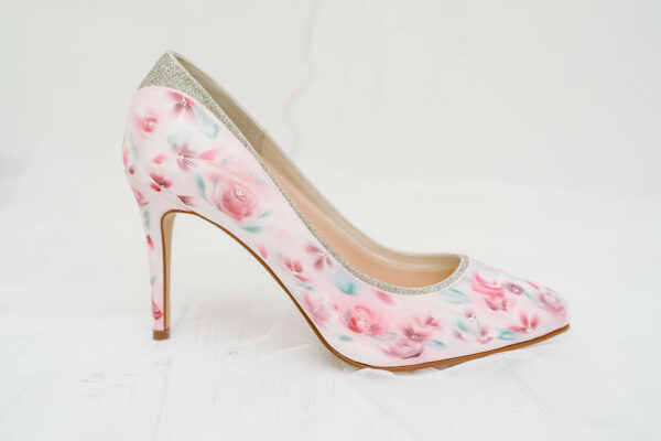 Rosebuds on satin hand painted bespoke wedding shoes